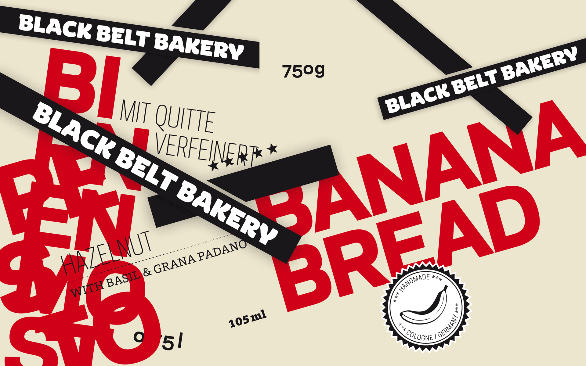 Black Belt Bakery Corporate Design, Gestaltungselemente, Balken, Schrift und Typografie